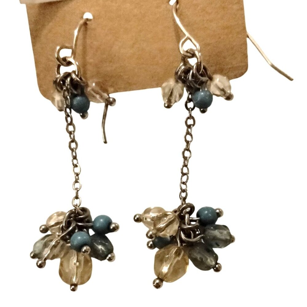 Blue Dangle Earrings Silver Chain Unique Artisan Boho